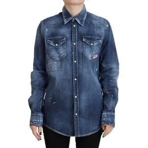 Dsquared² Blue Washed Cotton Button Down Collared Denim Women's Shirt